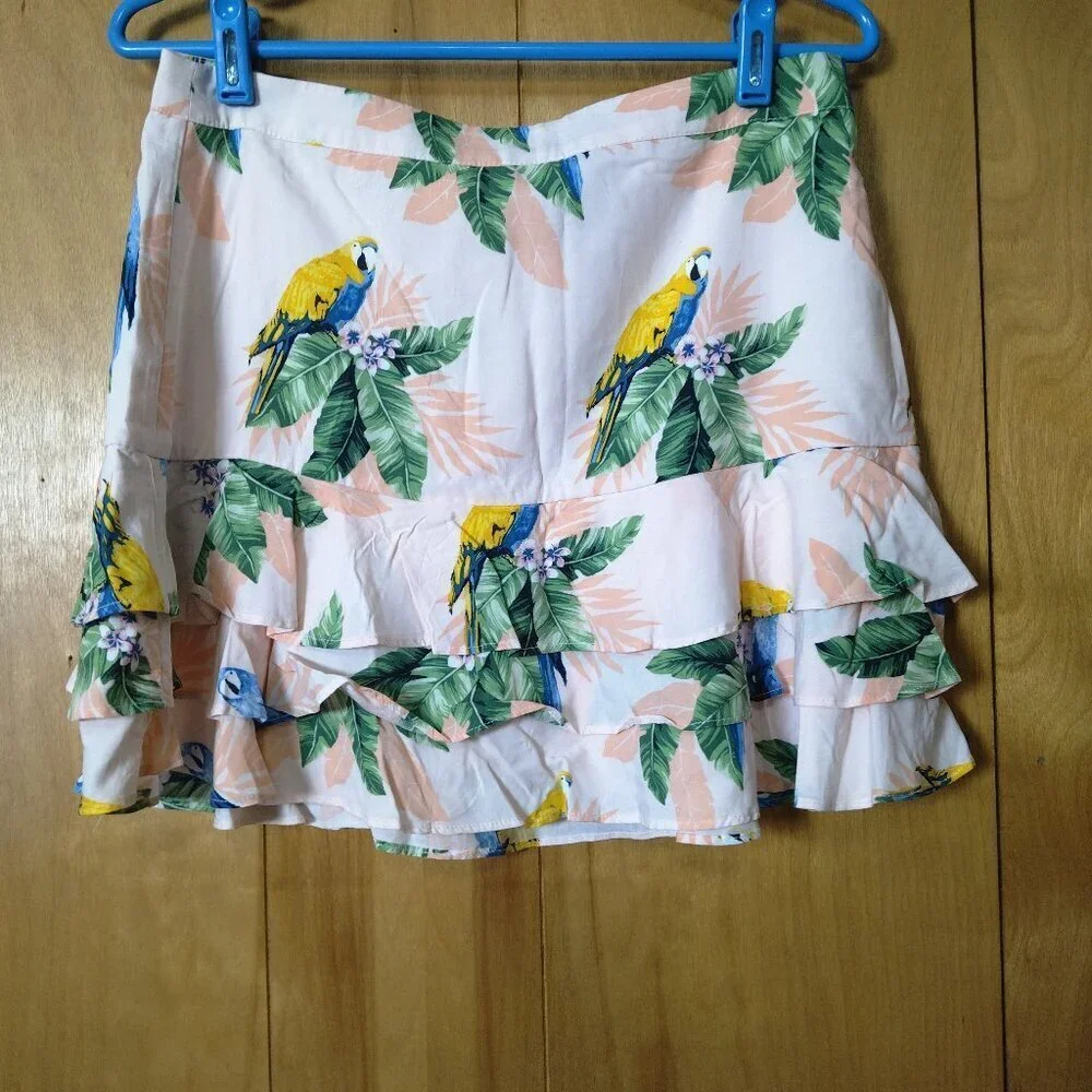 Forever 21 Size Large Floral Tropical Ruffle Tiered Mini Skirt Colorful Girly